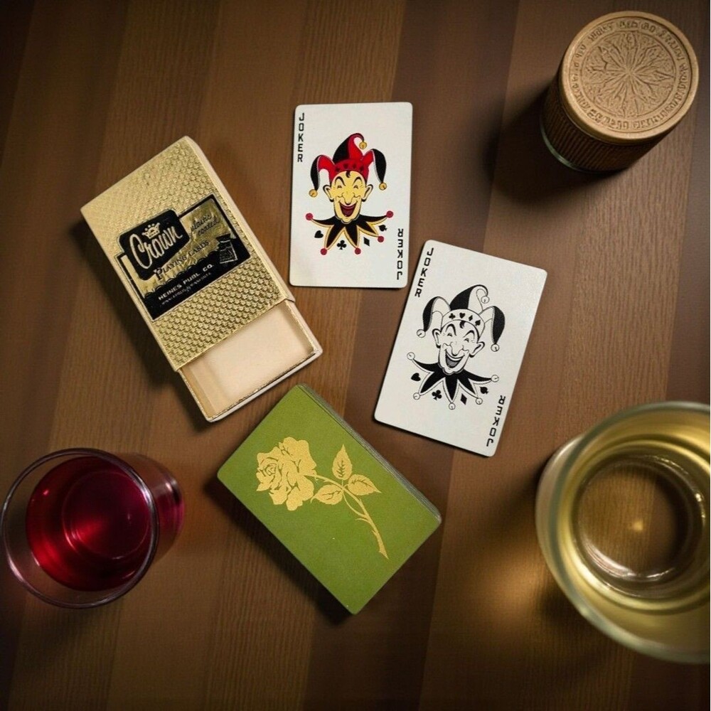 Vintage Crown Playing Cards Green Gold Rose Deck w/ Jokers & Original Box